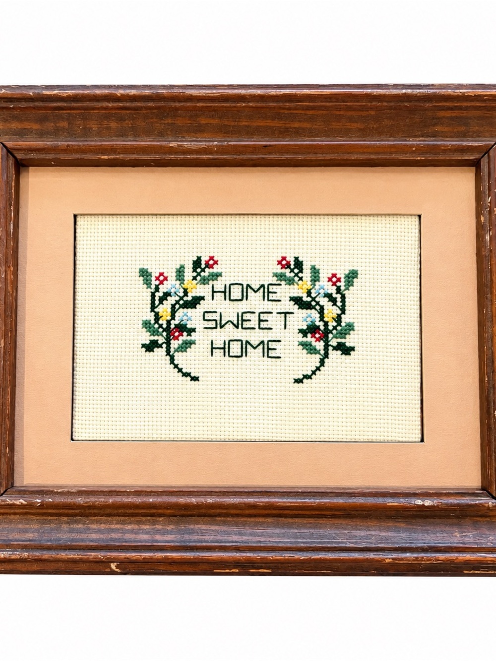 Home Sweet Home Framed Cross Stitch - Cream Background with Green Floral Accents